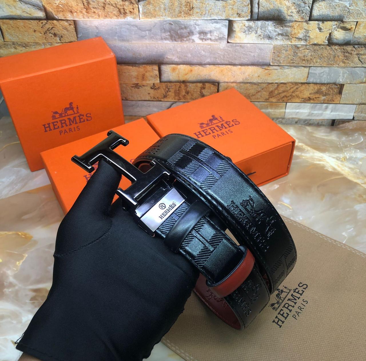 HERMESS BLACK PRINTED PREMIUM QUALITY REVERSIBLE BELT